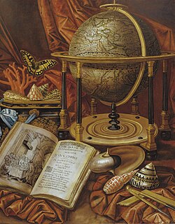 Still life with a globe, books, shells and corals