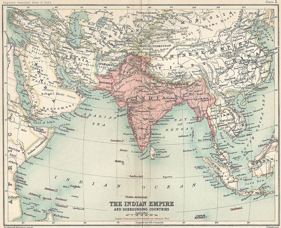 แผนที่บริติชราชและประเทศเพื่อนบ้านในปี 1909