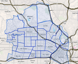 แผนที่แสดงขอบเขตย่านต่างๆ ในใจกลางเมืองลอสแอนเจลิสตามโครงการ Mapping L.A.