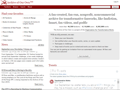 หน้าแรกของเว็บไซต์ Archive of Our Own