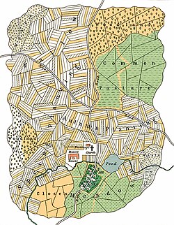 แผนที่แสดงหมู่บ้านในยุคกลางและพื้นที่เกษตรกรรมแบบแบ่งแถบ
