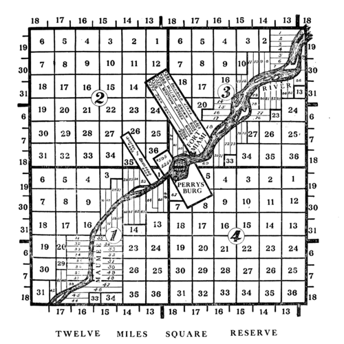 แผนผังการแบ่งเขตที่ดินในเขตสงวนสิบสองไมล์จัตุรัส
