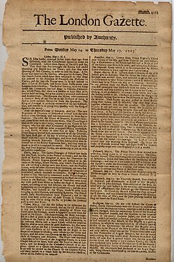 หน้าหนังสือพิมพ์ The London Gazette ฉบับโบราณ