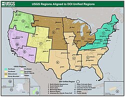 แผนที่แสดงเขตการดำเนินงานของ USGS ในสหรัฐอเมริกา