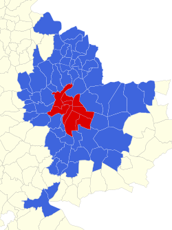 แผนที่แสดงเมืองลียงและเทศบาลชานเมือง 58 แห่งที่ประกอบกันเป็นมหานครลียง